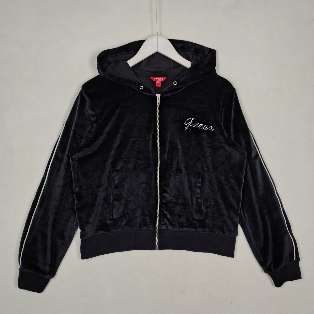 Guess Los Angeles Black Velour Zip Up Hoodie Rhinestone Logo V1RQ08KAHC0 Size L